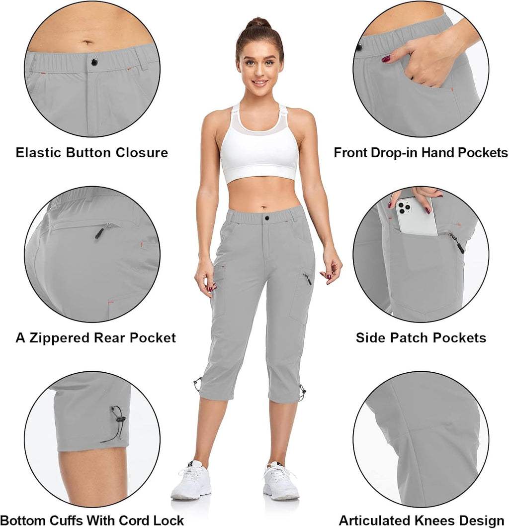 GymBrave Women's Hiking Cargo Pants Quick Dry Outdoor Camping Capris Water Resistant UPF 50 with Zipper Pockets