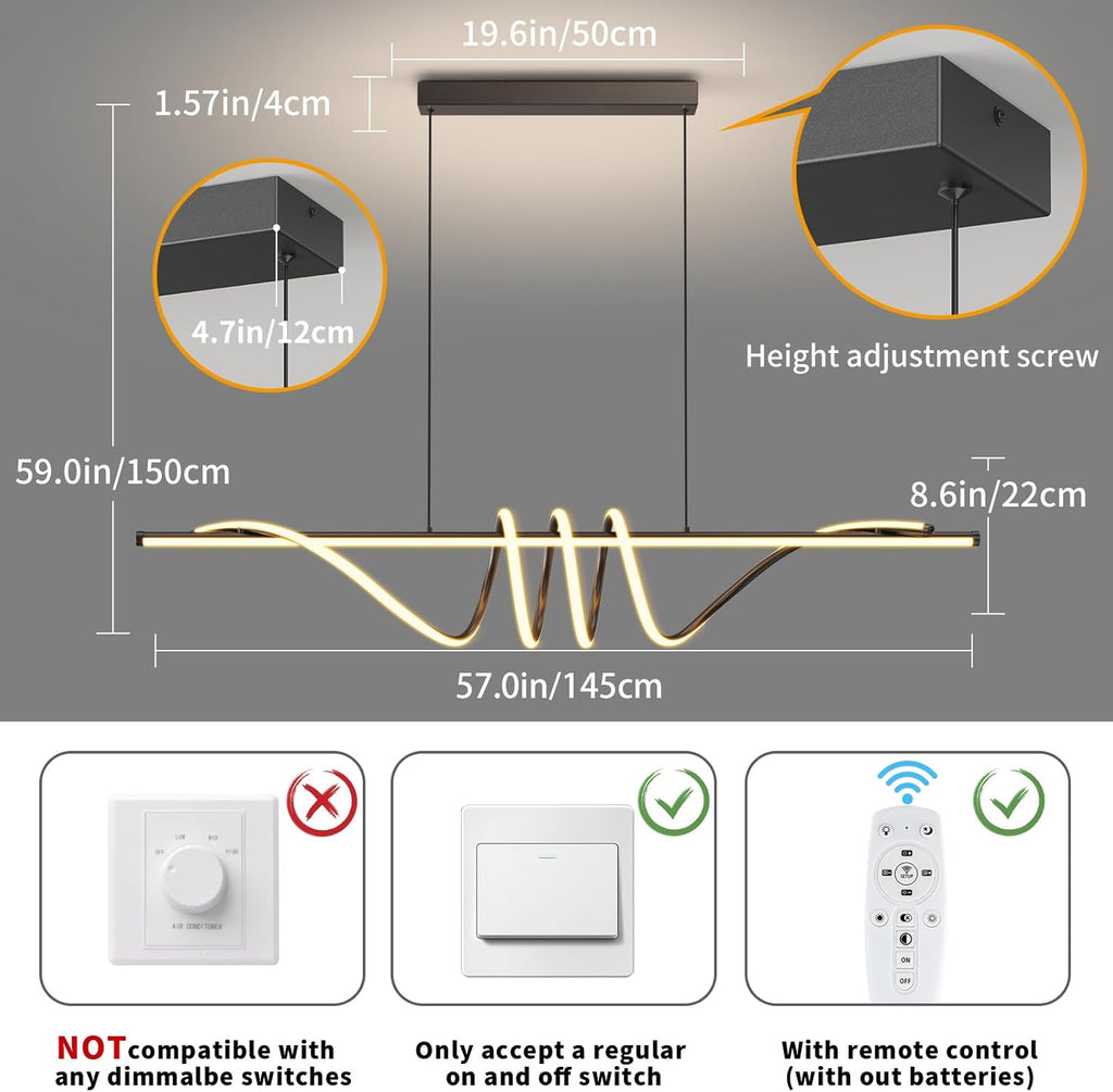Modern Ceiling Chandelier, 57in Pendant Lights Dimmable with Remote Control 3000k-6000K Adjustable Color Temperature, Aluminum Island Lighting Lamp Fixture for Kitchen, Dining Room