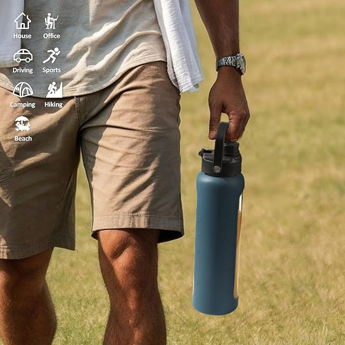 Kodrine Water Bottle with Straw, 24 oz Glass water Bottle with 2 Lids Bamboo Straw Lid and Spout Lid with Handle, 32 oz Clear Water Bottle Glass for Sports Travel, Waterbottle with Time Marker-FlexoryFit