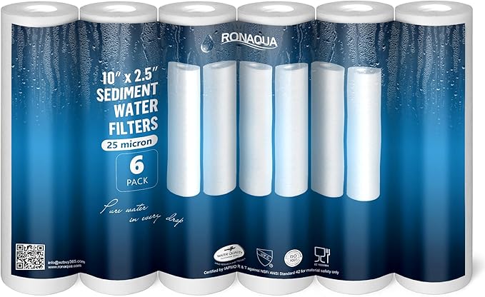 Ronaqua 25 Micron Sediment Water Filter Cartridge 10"x2.5", NSF Certified, 4-Layer Filtration for any 10-inch RO Units & Whole House Systems, Compatible with Culligan P5, AP110, WHKF-GD05, 6 Pack