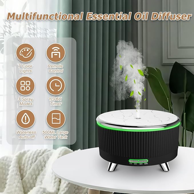 Essential Oil Diffuser for Large Room 500ml,Diffusers for Home with R/C,Aromatherapy Diffuser Waterless Auto Off,Cool Mist Humidifier 7 Colors Light & 3 Mist Modes for Bedroom Office Black Silver