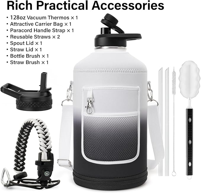 1 Gallon Water Bottle Insulated | Thickened Stainless Steel Vacuum Metal Water Jug | Portable Sports Large for Gym and Hiking with Straw, Carrier Bag, Handle Strap | BPA-Free 128 oz-FlexoryFit