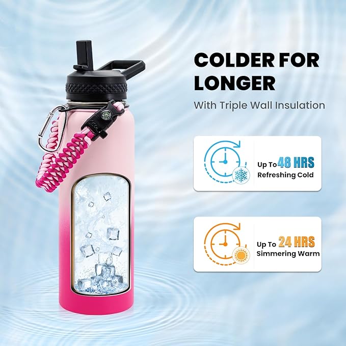 Insulated Water Bottle 40 oz, Triple Wall Vacuum Stainless Steel (Cold for 48 Hrs), Leak Proof & Non-BPA, Modern Water Flask Jug with Paracord Handle & Straw Spout Lids, Ombre Pink-FlexoryFit