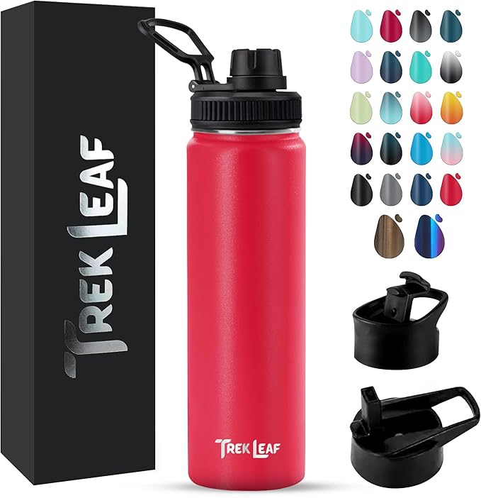 Travel Water Bottle with 3 Lids (Spout, Straw, Flip) Leak Proof, Quality, Vacuum Insulated, Stainless Steel (Red, 22 oz)