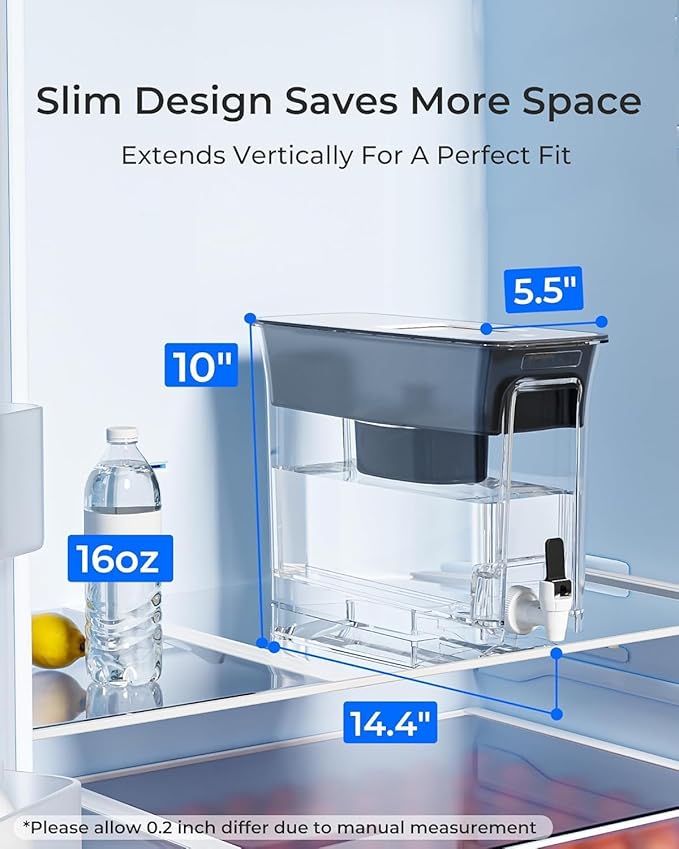 Waterdrop 35-Cup Slim Water Filter Dispenser, Large Capacity Water Filter Pitcher, 200-Gallon Long-Life, 5X Lifetime, Reduces Chlorine, PFOA/PFOS and More, BPA Free, Black (with 3 Filters)