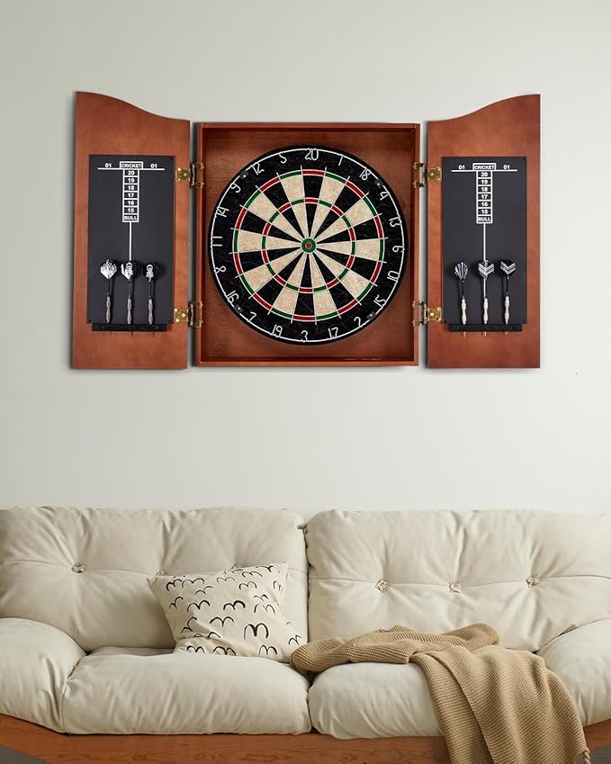 Sisal Dart Board Cabinet Sets, Decorative Dart Boards for Adults [6*Steel Darts] - Wooden Dartboard Cabinet with Integrated Scoreboard for Family Game Rooms
