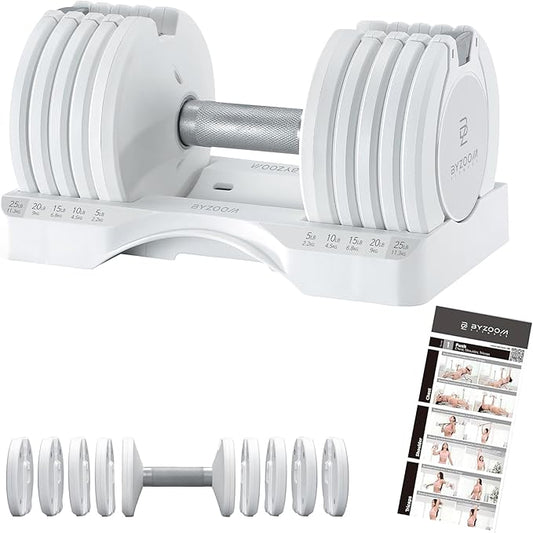 Adjustable Dumbbell – 12.5/25lb Single Unit OR Set of 2 – 5-in-1 Adjustable Weight for Home Gym, Strength Training & Fitness Workouts, White OR Black-FlexoryFit