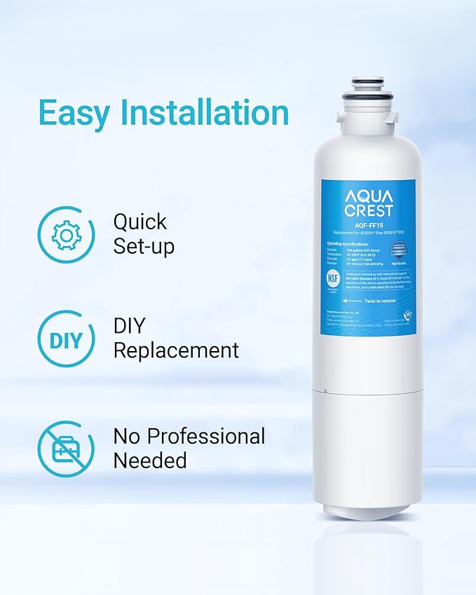 AQUA CREST 11032531 Replacement for Bosch® UltraClarity® Pro BORPLFTR50, 12033030 Refrigerator Water Filter, Compatible with 11025825, BORPLFTR55, B36CD50, B22CS50, B36FD50SNS, B36CT80SNS, 2 Pack