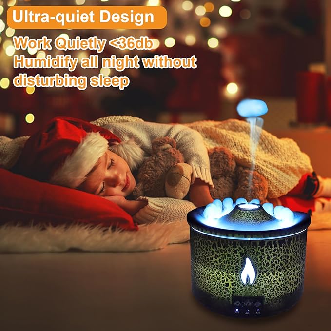 Volcano Humidifier Quiet Flame Diffuser: 300ml Spray Humidifier with 2 Modes Fire Mist Waterless Auto Shut Off Aromatherapy Diffuser with Remote Control for Bedroom Home, Office(Red & Blue)