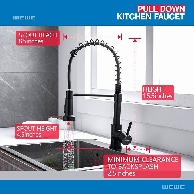 WEWE Faucet for Kitchen Sink, Kitchen Faucets Black Stainless Steel Commercial - Image 6
