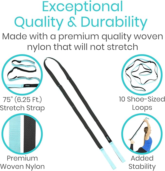 Vive Stretch Strap (75" - 10 Loops) - Leg Stretch Band to Improve Flexibility - Stretching Out Yoga Strap - Exercise and Physical Therapy Belt for Rehab, Pilates and Gymnastics with Guide Book-FlexoryFit