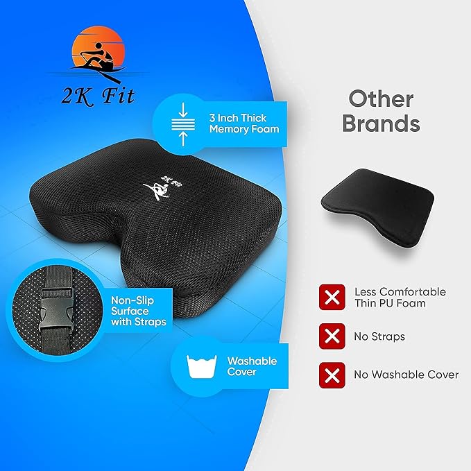Rowing Machine Seat Cushion (Model 2) for The Concept 2 Rowing Machine with Custom Memory Foam, Washable Cover, and Straps- Concept 2 Rower, Recumbent Stationary Bike, WatterRower Seat Pad-FlexoryFit