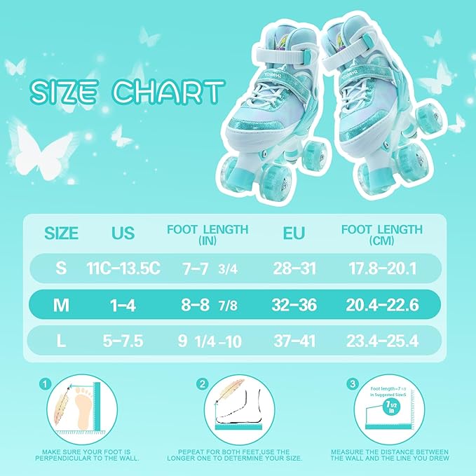Kids Roller Skates for Girls-Outdoor 4 Size Adjustable Butterfly Quad Rollerskates for Indoor Ages 3-12 Years Beginners Children's Birthday Gift with Light Up Wheels patines para niñas Indoor-FlexoryFit
