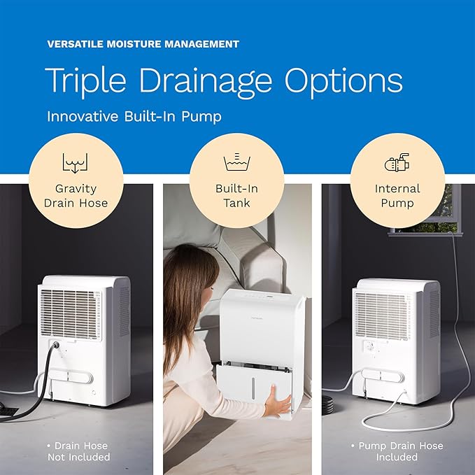 hOmeLabs 50 Pint Wi-Fi Dehumidifier with Pump for up to 7,000 Sq Ft (MAX 120 Pint at 95°F, 90% RH) – High Capacity Moisture Removal for Large Rooms, Offices, and Basements
