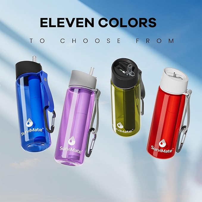 SurviMate 5-Stage 0.01μm Ultra-Filtration Filtered Water Bottle, BPA-Free Material, NSF/ANSI 42&372 Certified, Portable Water Filter Bottle for Survival, Camping, Hiking, and Emergency Use