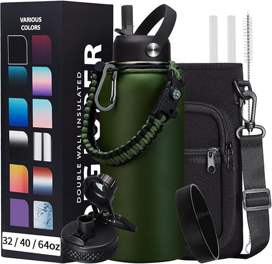Insulated Water Bottle 32 oz - Cold-48h & Hot-24h Stainless Steel Vacuum Flask with Straw & Pop-up Chug Lid, Leak Proof 32oz Water Bottles, Wide Mouth Hydro Metal Thermal Cups for Gym Work-FlexoryFit