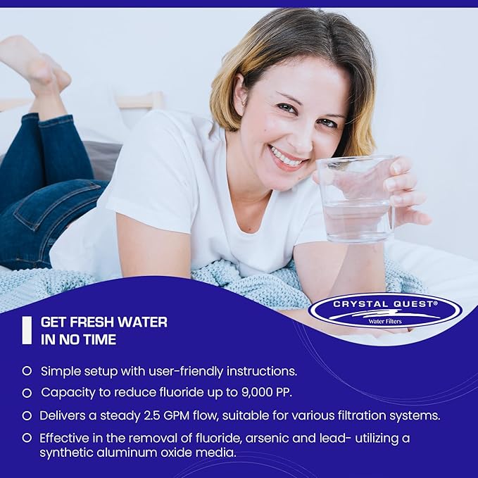 Crystal Quest Aluminum Oxide Fluoride Reduction Filter Cartridge, 2-7/8” x 20, Advanced Media, 2.5 GPM Flow Rate, Reduces Fluoride Up to 9,000 ppm, Long-Lasting, Easy Installation & Maintenance