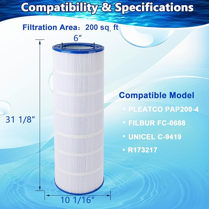 Pool Filter Cartridge Compatible with PAP200, CC200, Clean & Clear 200, R173217, Unicel C-9419, Filbur FC-0688, 59054400, 200 sq.ft Filter Cartridge, 1 Pack