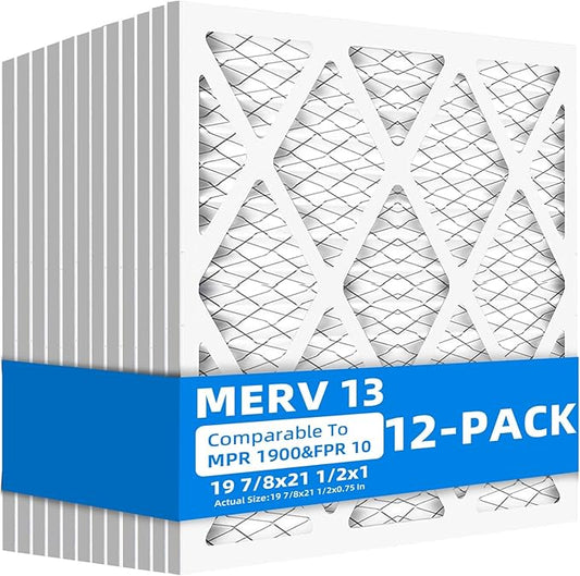 (12- Pack) 19 7/8x21 1/2x1 Furnace Air Filters, MPR 1900 & FPR 10, MERV 13 Pleated Air Filter (Actual Size: 19 7/8"x21 1/2"x3/4")