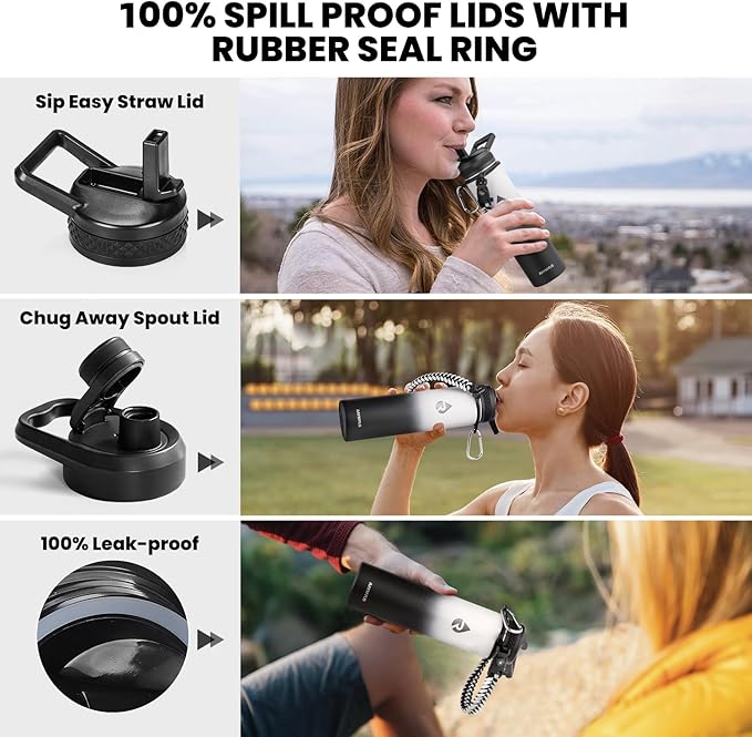 Insulated Water Bottle 24oz, Triple Wall Vacuum Stainless Steel (Cold for 48 Hrs, Hot for 24Hrs), Leak Proof & Non-BPA, 24oz Hydro Water Flask with Paracord Handle & Straw Spout Lids-FlexoryFit
