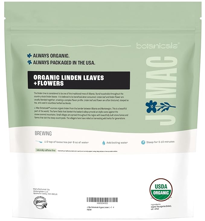 J Mac Botanicals, Organic Linden Leaf and Flower, Whole Leaves and Flowers-FlexoryFit