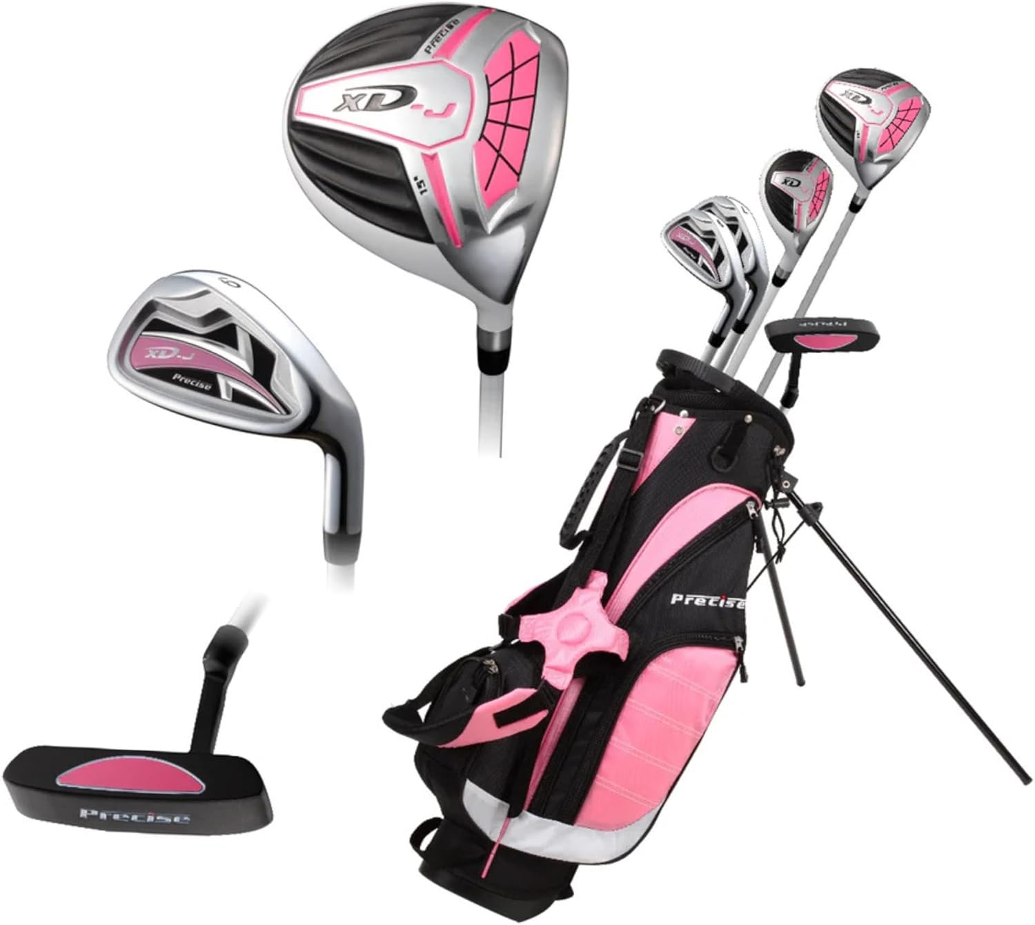 Precise XD-J Junior Golf Clubs Set – Right & Left Hand Options – Kids Golf Clubs for Ages 3-5, 6-8, 9-12 – Lightweight Graphite Shafts, Hybrid Club, Stand Bag – Boys & Girls Golf Set