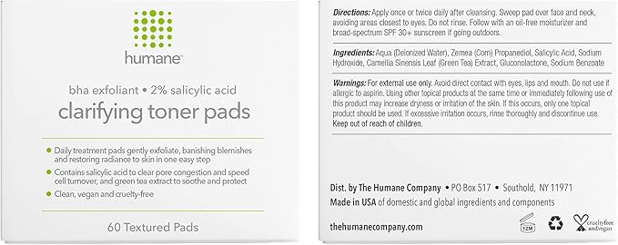 Humane Clarifying Toner Pads for Face - 2% BHA Liquid Salicylic Acid - Pore Minimizer and Facial Exfoliator - Gentle for All Skin Types - Removes Excess Oil, Dead Skin Cells, and Grime - 4 Ounce-FlexoryFit