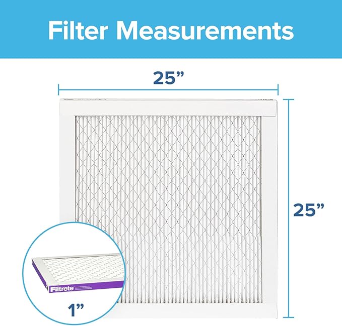 Filtrete 25x25x1 AC Furnace Air Filter, MERV 12, MPR 1500, CERTIFIED asthma & allergy friendly, 3 Month Pleated 1-Inch Electrostatic Air Cleaning Filter, 6-Pack (Actual Size 24.81x24.81x0.78 in)