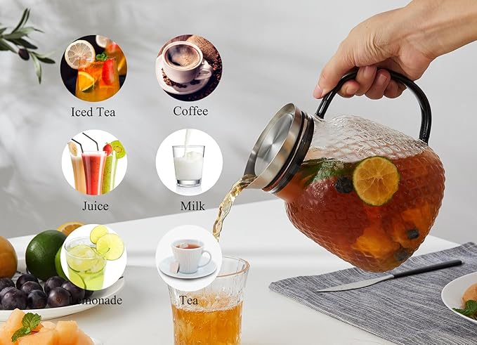 Purefold 40 ounces “Pineapple Series” Glass Pitcher with Stainless Steel Lid, Hot/Cold Water jug for Coffee, Lemonade, Iced Sun Tea,Beverage, Milk