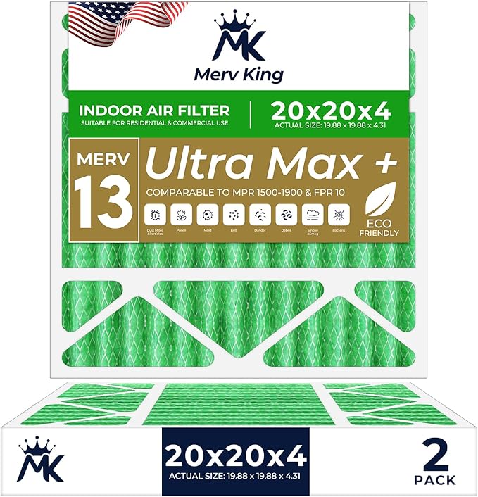 MervKing 20x20x4 Air Filter | MERV 13 | MPR 1500-1900 Ultra Max | 2-Pack | Pleated HVAC AC Furnace Replacement Air Filters | Actual Size: 19.88" x 19.88" x 4.31"