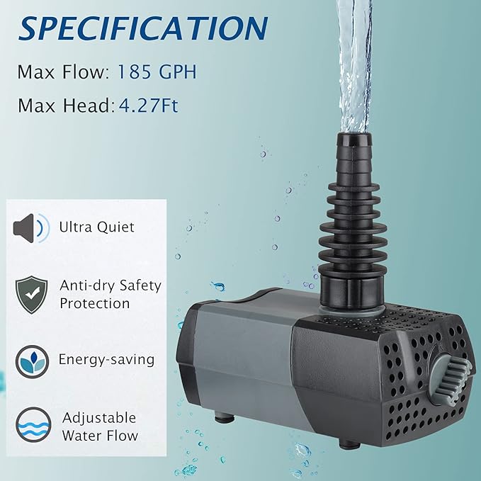 WaterRebirth HSUP700F Versatile Submersible Pump - Fountain Jets for Ponds, Fish Tanks, Water Gardens - Aquarium & Pond Pump (700L/H)