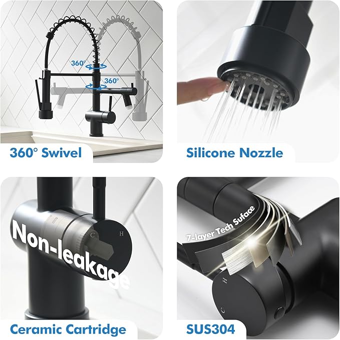 VFAUOSIT Kitchen Faucets with LED Light, Commerical Black Kitchen Faucet with Pull Down Sprayer, Stainless Steel High-arc Kitchen Sink Faucet wiht Single Handle for Modern RV Camper Laundry Bar Sink