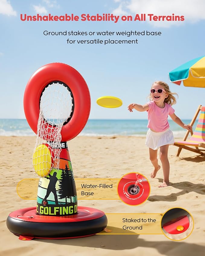 QPAU Inflatable Disc Golf Set for Kids Family Fun, Portable Outdoor Yard Games Set With 4 Frisbee Discs & Pump, Kids Toys for Golf Practice, Backyard Camping Lawn Pitching Games - Ideal Teen Boy Gifts