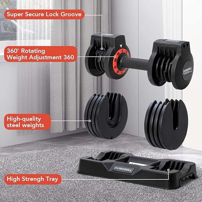 25/55 lbs Pair Adjustable Dumbbells Set, Adjustable Weights Dumbbells Set for Men and Women with Anti-Slip Fast Adjust Weight by Turning Handle,Black Dumbbell with Tray-FlexoryFit