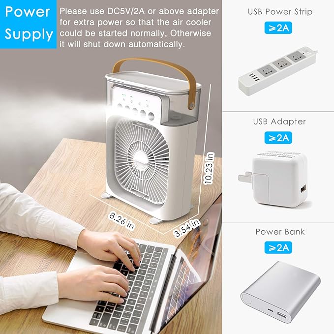Portable Air Conditioner Fan, Mini Evaporative Air Cooler with 7 Colors LED Light, 1/2/3 H Timer, 3 Wind Speeds and 3 Spray Modes for Your Desk, Nightstand, or Coffee Table