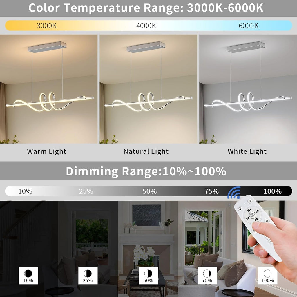 Modern Pendant Light Kitchen Island 39in Dimmable Hanging Lamp 3000k-6000K Adjustable Warm/Nautral/White with Remote Control, Kitchen Island Lighting Chrome Silver