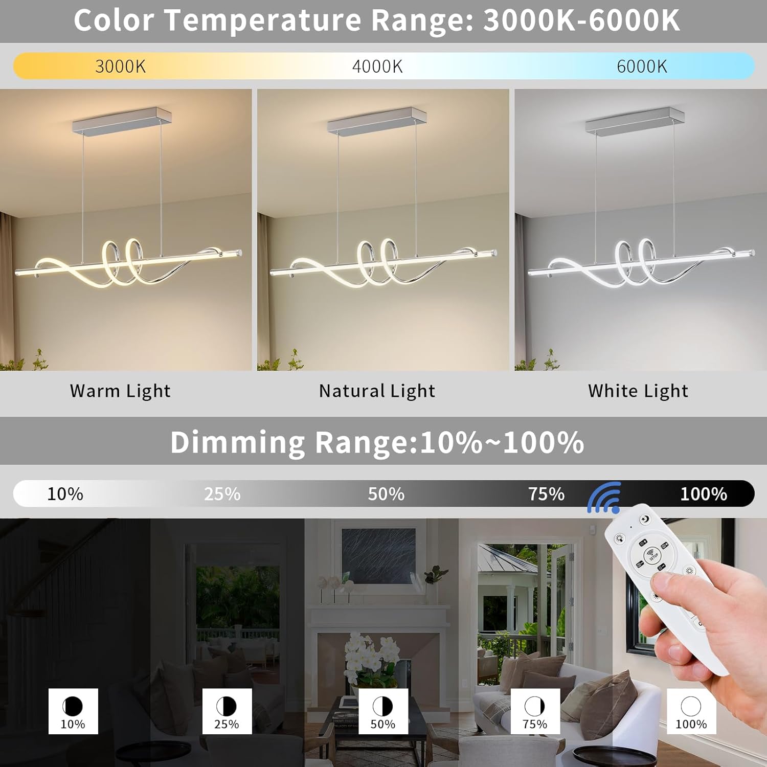 Modern Pendant Light Kitchen Island 39in Dimmable Hanging Lamp 3000k-6000K Adjustable Warm/Nautral/White with Remote Control, Kitchen Island Lighting Chrome Silver