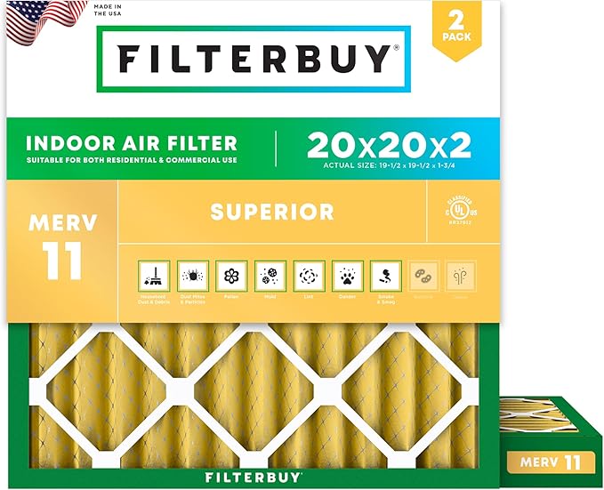 Filterbuy 20x20x2 Air Filter MERV 11 (MPR 1200) Allergen Defense Replacement (2-Pack), Electrostatic Pleated HVAC AC Furnace Filters, Made in USA (Actual Size: 19.50 x 19.50 x 1.75)