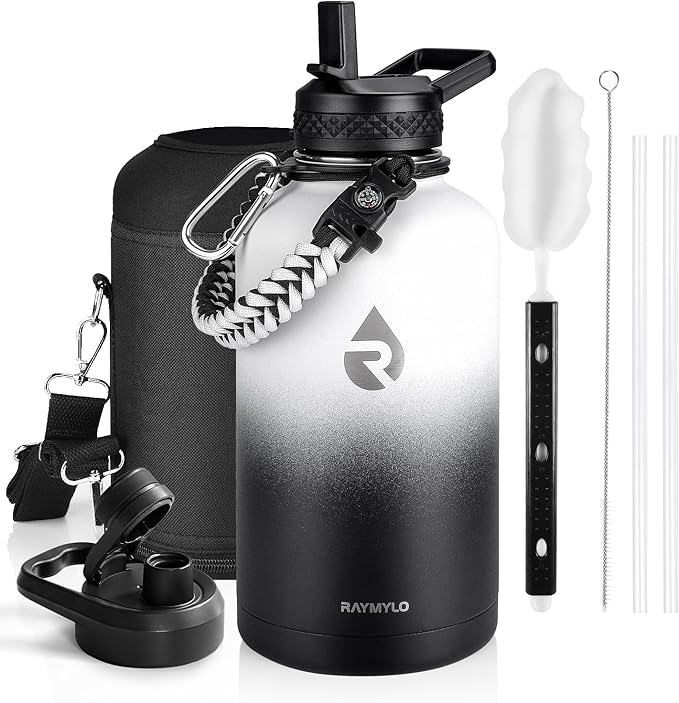 Insulated Water Bottle 64 oz, Triple Wall Vacuum Stainless Steel (Cold for 48 Hrs), Leak Proof & Non-BPA, Half Gallon Water Flask Jug with Paracord Handle & Straw Spout Lids, White/Black-FlexoryFit