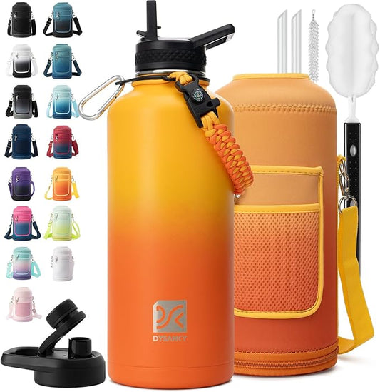 Insulated Water Bottle | Thickened Stainless Steel for Gym and Hiking with Straw, Carrier Bag, Handle Strap | BPA-Free 87 oz-FlexoryFit