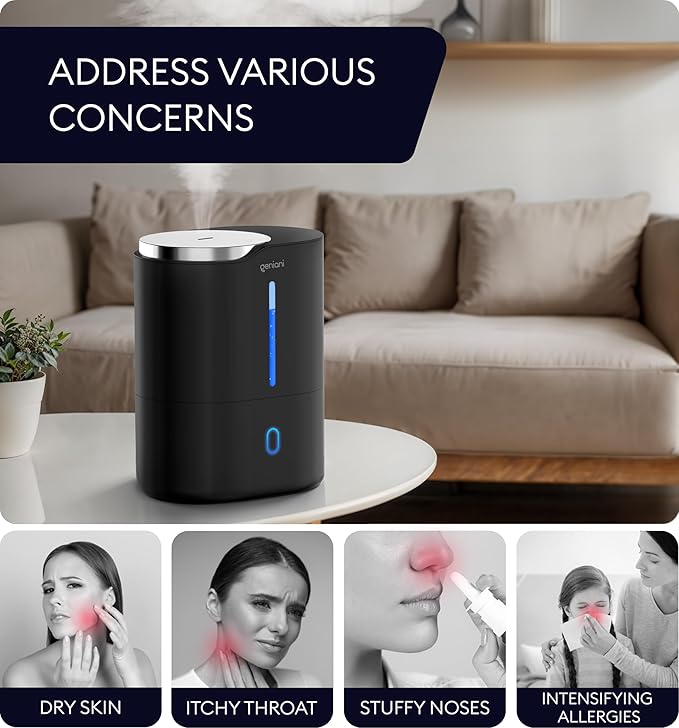 GENIANI Ultrasonic Cool Mist Humidifier for Bedroom, Large Rooms, Home, 4L - Easy Fill & Clean Humidifier for Plants w/Auto Shut-off, 40H Runtime - Quiet, Top Fill Air Humidifier & Vaporizer for Baby
