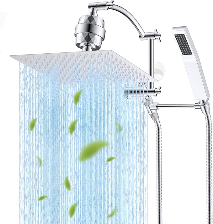 Hibbent All Metal 12'' Filtered Rainfall Shower Head with Handheld Combo, High Pressure Shower Wand, 16'' Adjustable Arc Extension Arm, 20 Stage Shower Filter, 71'' Hose, Shower Head Holder, Chrome