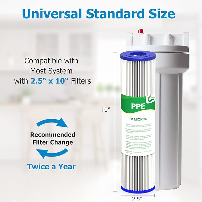 20 Micron Water Filter 10" x 2.5", 10-inch Whole House Sediment Pre-Filters for Well & Tap water, Replacement Cartridge for FXWPC, EQ-PFC35, ECP5-10, S1, 3WH-STDPL-F02, SPC-25-1005, 6-Pack