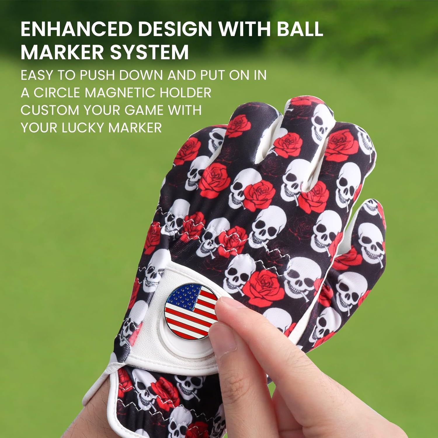 FINGER TEN Golf Gloves Men Left Hand Right with Ball Marker USA Flag Blue Camo Plaid Pack, Mens Leather Golf Glove All Weather Grip Small Medium ML Large XL