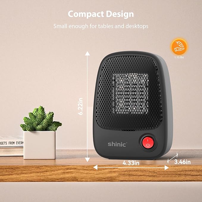 shinic Small Space Heater with Overheat Protection, 500W Mini PTC Ceramic Heater, Fast Heating and Quiet, Portable Electric Heater for Indoor Use Office Room Desk Home, Black