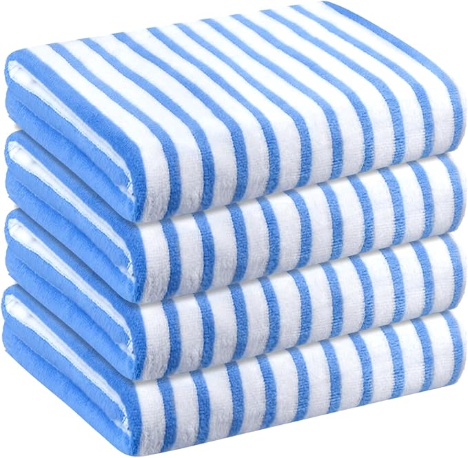 JML Microfiber Towels, Bath Towel Sets (4 Pack, 27" x 55") - Extra Absorbent, Fast Drying, Multipurpose for Bath, Swimming, Fitness, Sports, Yoga,Stripe Blue-FlexoryFit