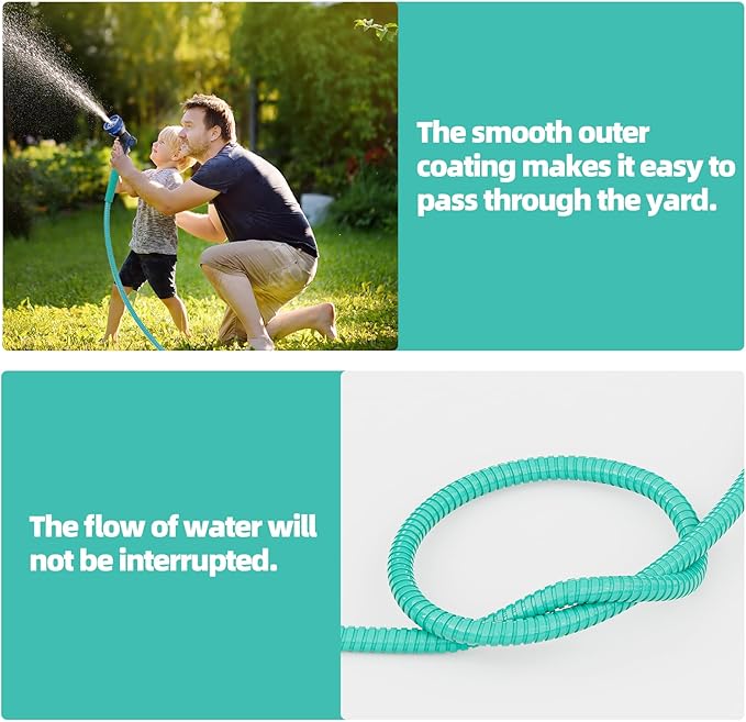 50ft 304 Stainless Steel Garden Hose Metal, Heavy Duty Water Pipe with Nozzles for Yard, Outdoor - Flexible, Never Kink & Tangle, Puncture Resistant (Aqua)