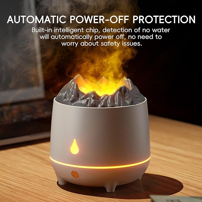 Volcano Flame Diffuser, Aromatherapy Essential Oil Diffuser, 400ml Ultrasonic Cool Mist Humidifier for Bedroom,Office,Home,Yoga, Timer & Auto Shut-Off, Colorful Ambient Night Light (White)