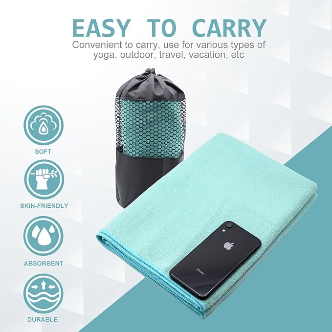 Eunzel Yoga Towel,Hot Yoga Mat Towel with Grip Dots Sweat Absorbent Non-Slip for Hot Yoga, Pilates and Workout 24" x72", Teal-FlexoryFit