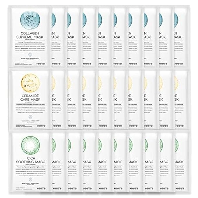 Hydrating Soothing Sheet Masks Gift Set for Skincare, Korean Vegan Sheet Mask for Dry, Sensitive Skin, Calming, Smoothing, Brightening, Collagen, Ceramide, Cica, Hyaluronic Acid 30EA-FlexoryFit